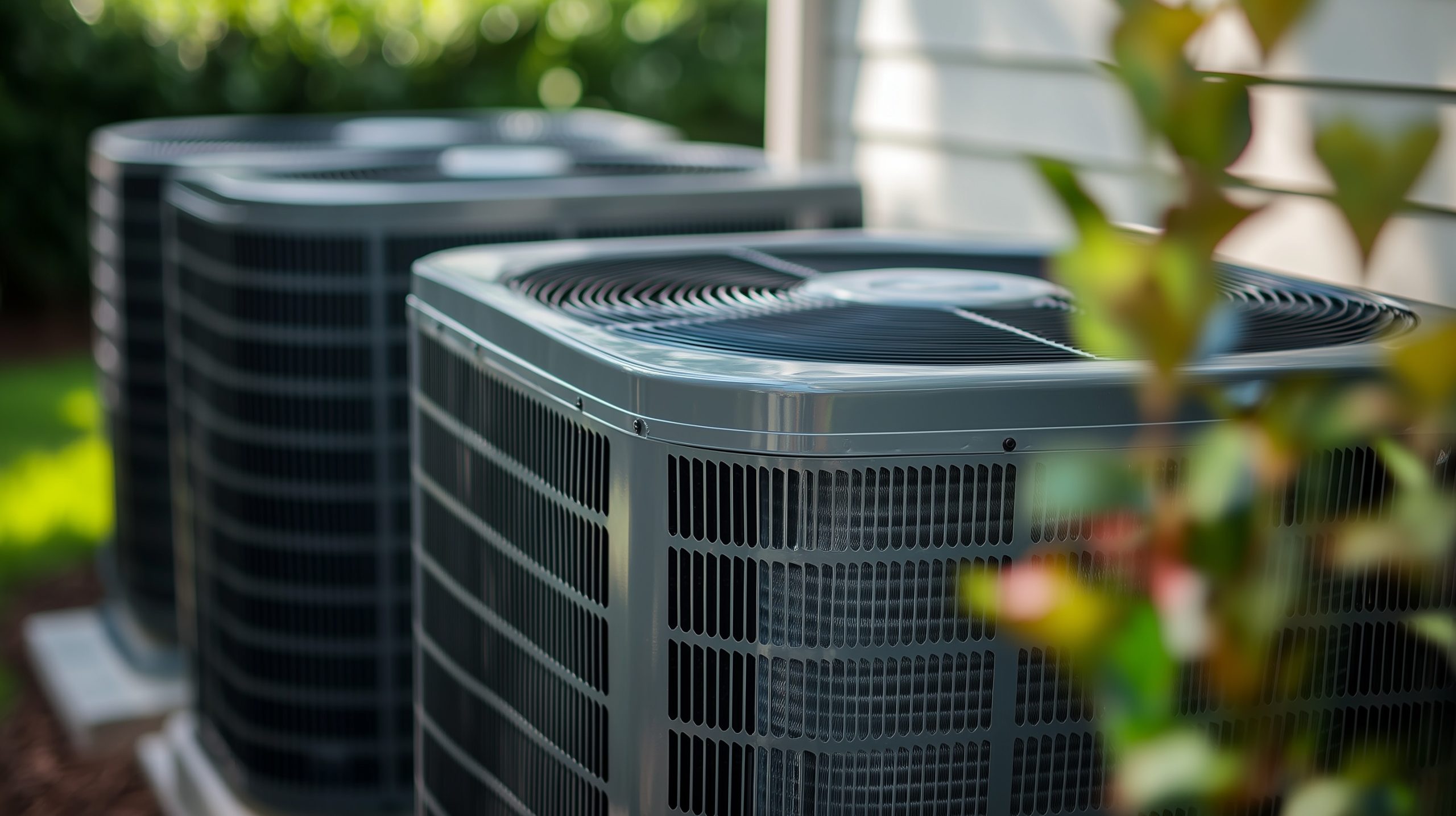 Three air conditioners sitting in front of house. A man is servicing a broken hvac. Filters are a good way to check the efficiency of your system. Three air conditioning lifestyle units positioned in.